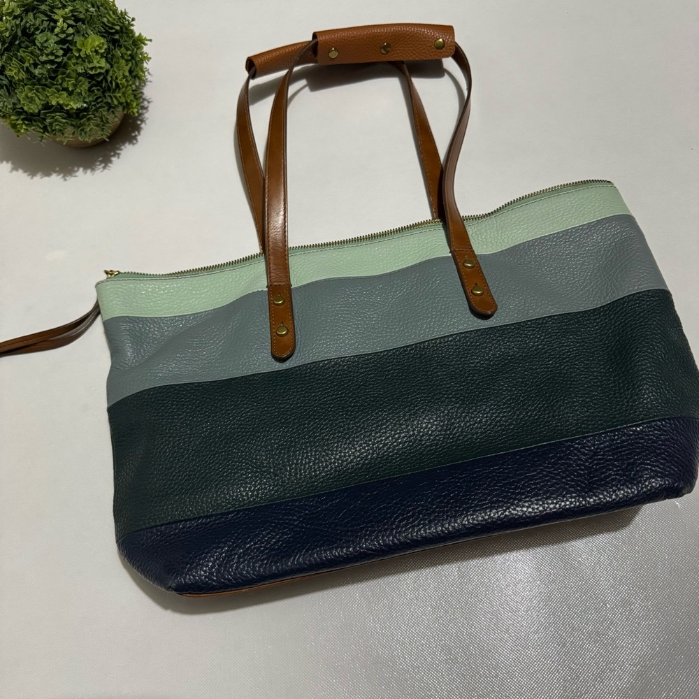 Fossil Blue Green‎ Stripe Color Block Leather Tote Bag Purse Spring Summer